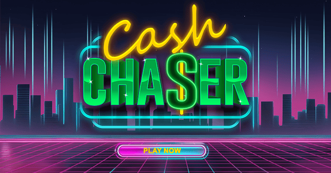 Cash Chaser slot game promotional banner with neon cityscape and retro-futuristic design. Play Cash Chaser at Eternal Slots Casino for thrilling gameplay, big wins, and instant withdrawals.