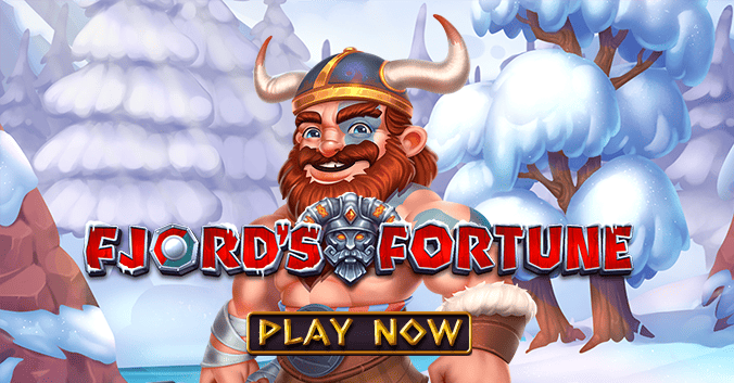 Fjord’s Fortune slot game promotional banner featuring a cheerful Viking warrior in a snowy landscape. Play now and discover the thrilling Nordic adventure with instant rewards!