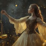 Elegant woman in a golden dress holding balanced scales, symbolizing justice and the zodiac sign Libra. Cosmic fantasy background with glowing golden particles. Perfect representation of balance, astrology, and harmony—ideal for Mercury retrograde and zodiac-themed content on Eternal Slots Casino