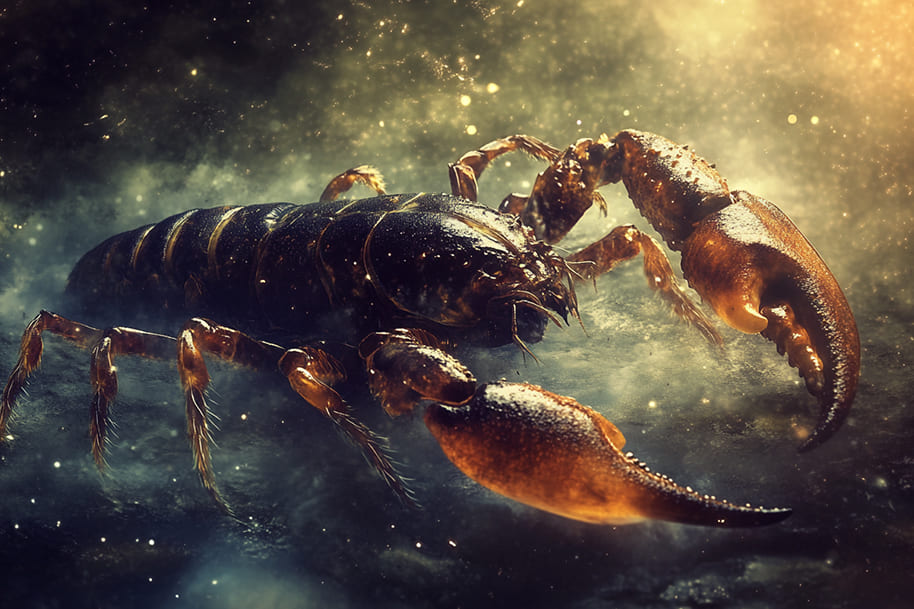 A mystical and powerful scorpion surrounded by a cosmic, glowing atmosphere, symbolizing the Scorpio zodiac sign. The detailed close-up of its sharp pincers and armored body reflects intensity, mystery, and transformation.