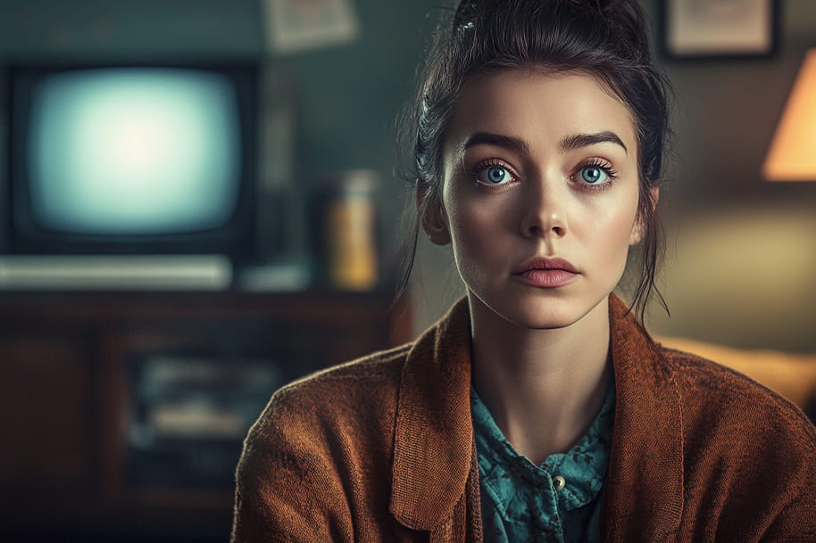 A young woman watching TV, with a captivated expression on her face, sitting comfortably in a cozy living room. The background features a retro television set, symbolizing the nostalgia of the best new TV shows making an impact today.
