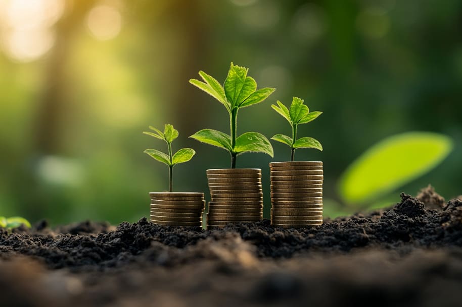 Growth of investments symbolized by growing plants atop stacks of coins. Learn how small investments can gradually grow into significant returns, starting with minimal capital.