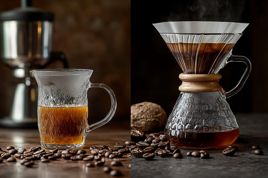 A beautifully crafted glass mug of freshly brewed coffee alongside a steaming Chemex, with whole coffee beans enhancing the rustic café atmosphere.