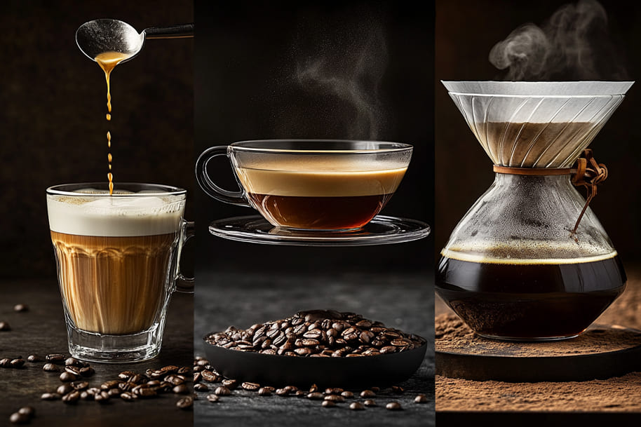 A side-by-side comparison of three delicious coffee styles: a creamy latte, a bold espresso, and a smooth pour-over, highlighting the best brewing methods for coffee lovers.