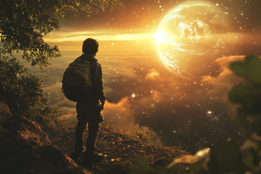 A person with a backpack stands on a rocky ledge, gazing out at a magnificent view of a glowing Earth in the sky, surrounded by a dreamy atmosphere of stars and clouds, evoking a sense of wonder and exploration.