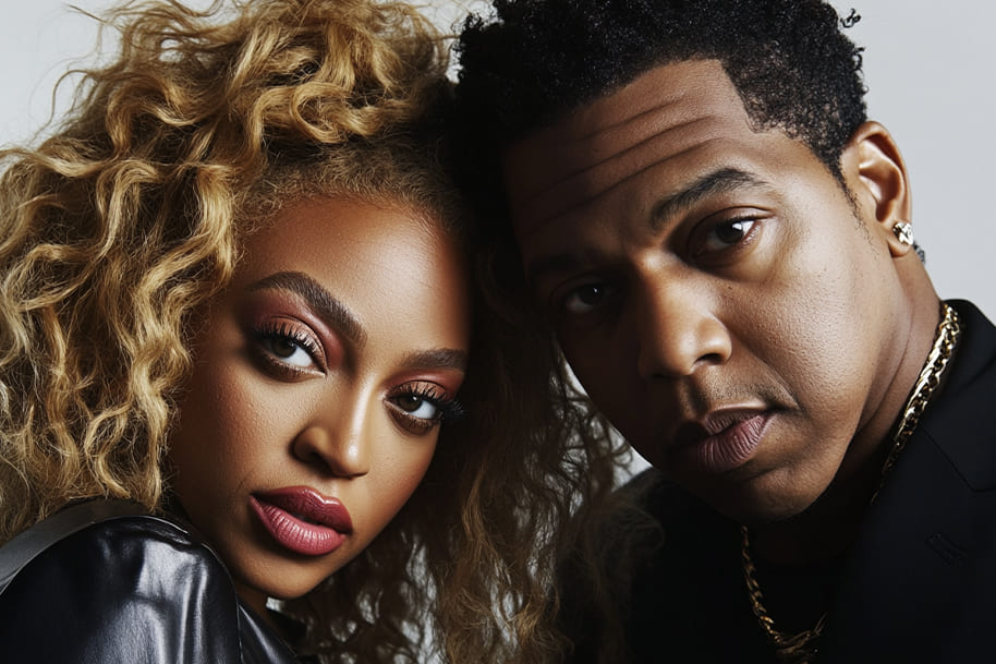 Close-up of Beyoncé and Jay-Z, a power couple known for their music and public presence. Their expressions reflect the intense emotions and chaotic celebrity moments that accompany their fame. The image captures the intricate balance of being in the spotlight, where fame often leads to moments of personal and public struggle, reminding fans of the pressures celebrities face behind the scenes.