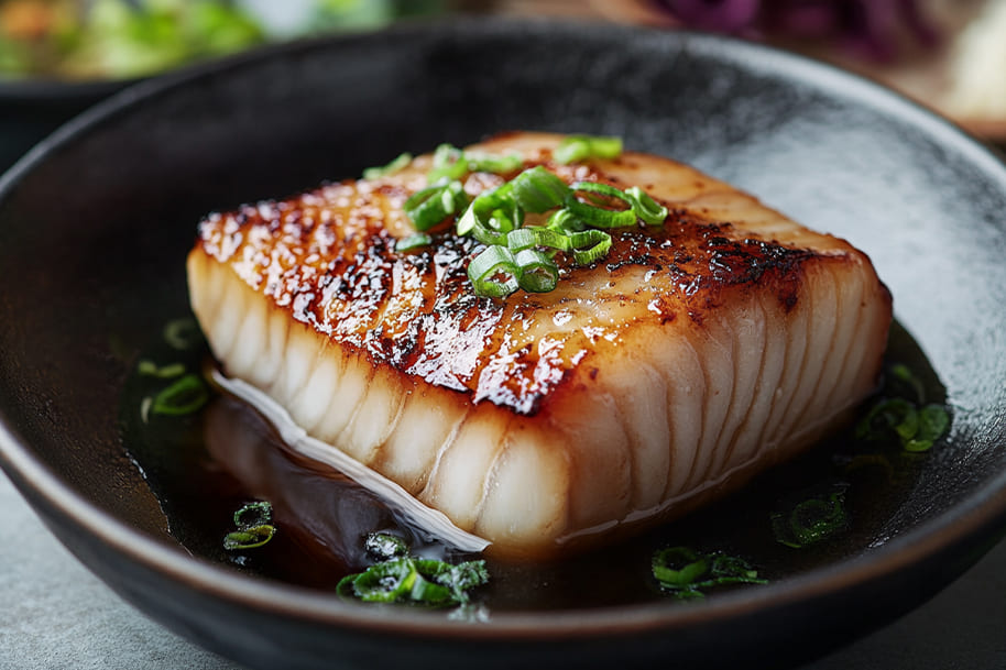 Deliciously glazed black cod miso, perfectly seared and garnished with fresh green onions, served in a rich umami soy-based sauce. A luxurious Japanese dish that melts in your mouth.