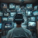 A person wearing headphones surrounded by multiple vintage television screens, each displaying dynamic images of viral moments, capturing the overwhelming nature of modern media.