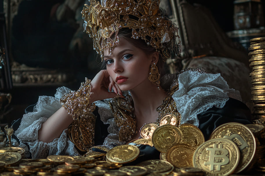 A regal woman in an opulent outfit surrounded by stacks of Bitcoin coins – the intersection of wealth, luxury, and crypto investments.