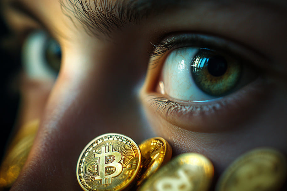 Close-up of a person's eyes reflecting golden Bitcoin coins, the rise of cryptocurrency in online gambling and digital investments.