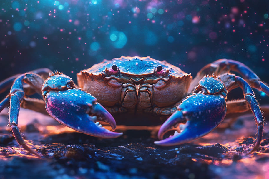 A vibrant cosmic crab glowing under a mystical starry sky, symbolizing the Cancer zodiac sign. Its shimmering blue and purple claws radiate energy, representing intuition, emotion, and protection.