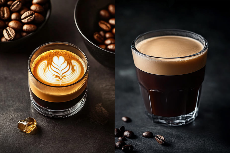 A beautifully crafted latte on the left with latte art and a refreshing cold brew coffee on the right, showcasing the latest coffee trends for 2025.