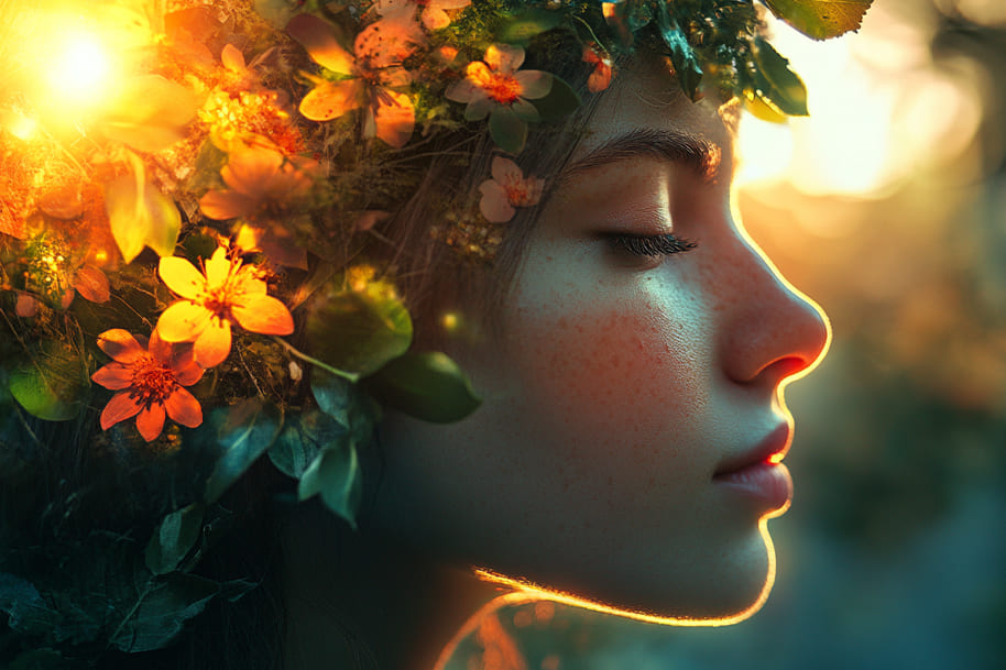 A young woman with a floral crown made of vibrant flowers, representing the renewal and harmony of nature during this celestial event. The golden light that surrounds her symbolizes the balanced energy of the equinox, where day and night are equal, bringing a sense of renewal, growth, and tranquility to the season.