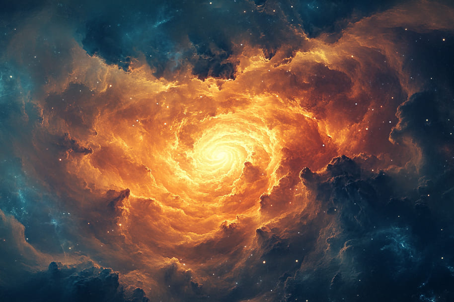 A breathtaking view of a cosmic galaxy swirling with fiery orange and blue hues, representing the vast mysteries and beauty of the universe.