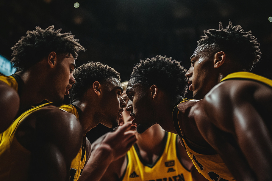 Basketball players in a heated huddle, displaying intense teamwork and strategy as they prepare for a crucial moment in the March Madness 2025 tournament.