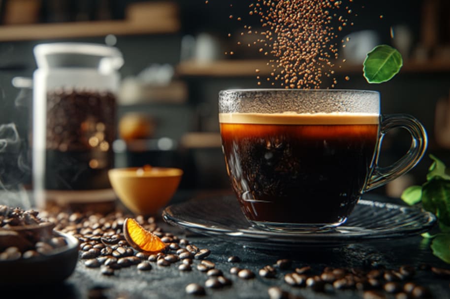 Freshly brewed coffee in a glass cup, with coffee beans scattered around and coffee granules sprinkling on top, creating a rich aroma and taste.