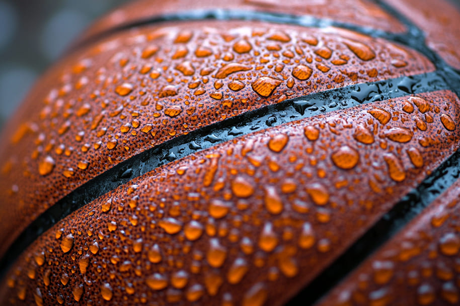 Close-up shot of a basketball with droplets of water on its surface, showcasing the texture of the ball and emphasizing the game’s physicality and intensity.