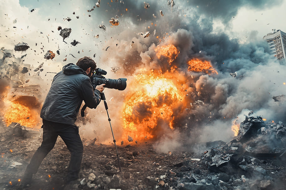 A photographer captures an intense explosion in a war-torn city, with flying debris and smoke filling the air, showcasing the dramatic power of destruction in action photography.