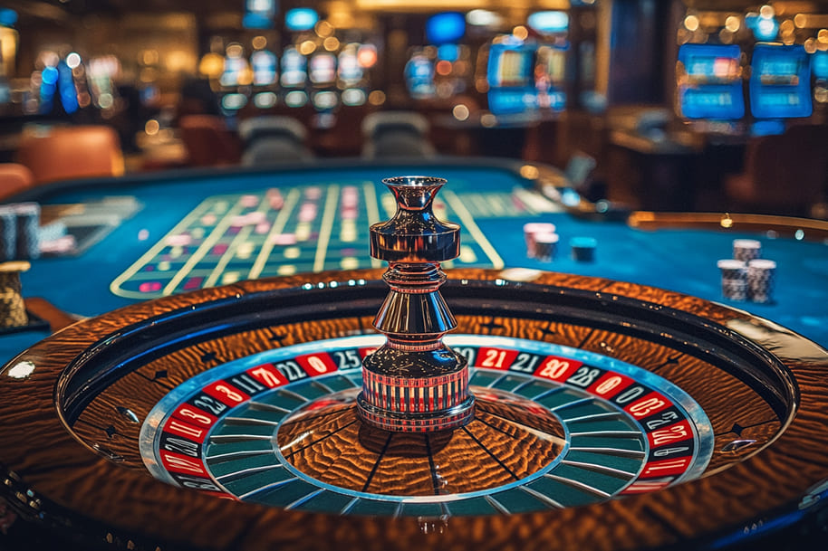 Close-up of a luxurious roulette table at a casino, featuring a spinning roulette wheel and colorful chips. This image captures the excitement and energy of the casino floor, perfect for blog posts about roulette strategies or casino gameplay tips.