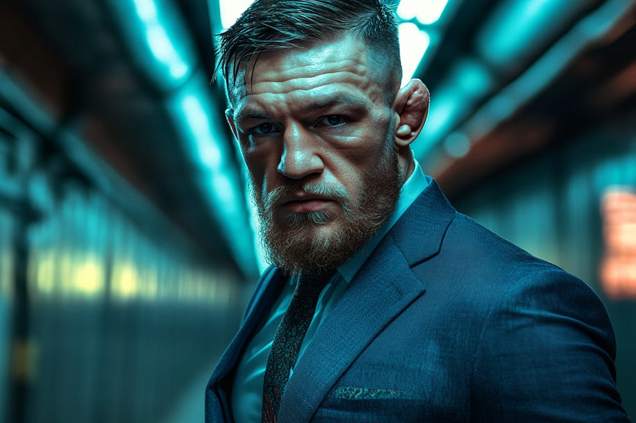 Conor McGregor in a sharp suit, exuding confidence and intensity in a dimly lit corridor. The image highlights Conor's focus and determination, embodying the mindset behind Conor's fight strategy as he prepares for his next big challenge in the UFC. The powerful gaze and sharp suit reflect his readiness to take on any opponent with his calculated and strategic approach to the fight game.