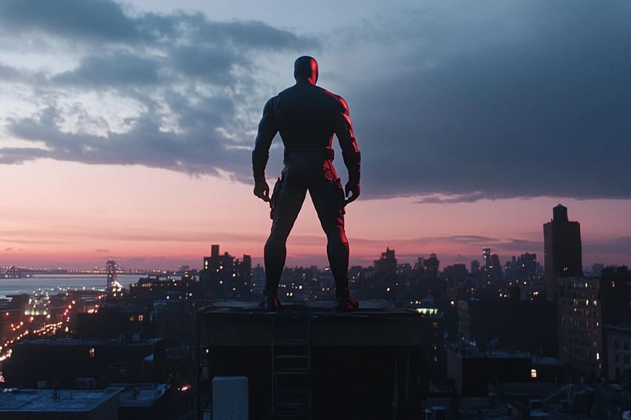 Marvel's Daredevil standing on a rooftop at sunset in New York City, overlooking the skyline. The superhero is dressed in his iconic red suit, ready for action, with the city lights shimmering in the background.