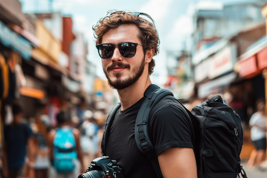 A young digital nomad with a backpack and camera exploring a bustling market, embodying the freedom and adventure of remote work and travel.