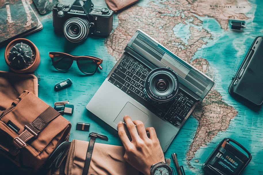 A digital nomad’s workspace featuring a laptop, camera, travel gear, and a world map.