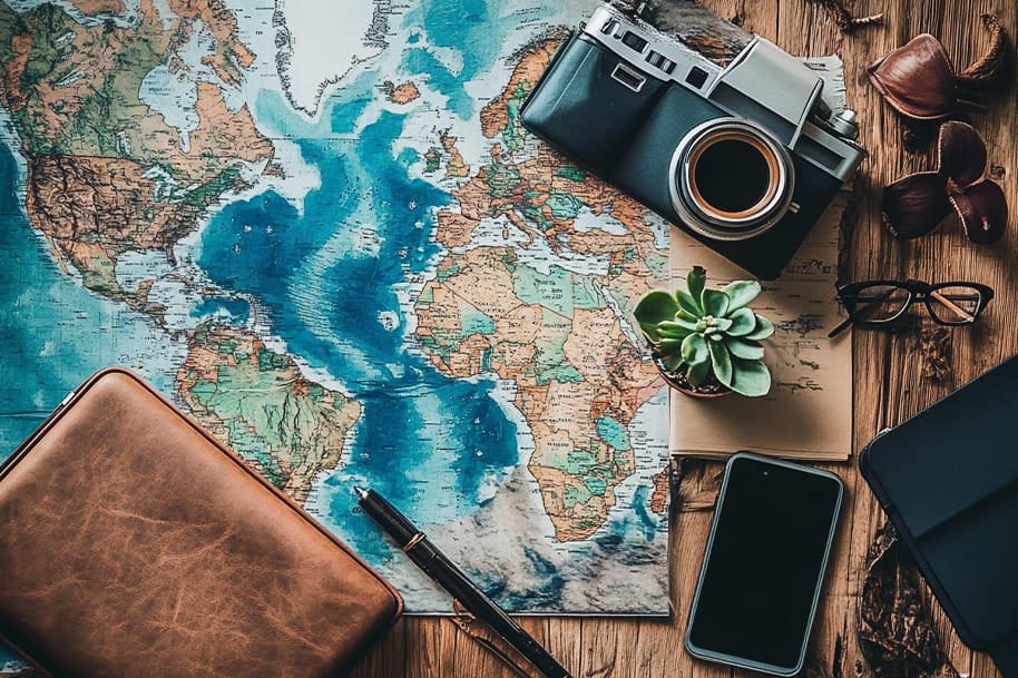 A flat lay of a travel planner’s essentials, including a world map, vintage camera, notebook, and coffee, capturing the essence of the digital nomad lifestyle.