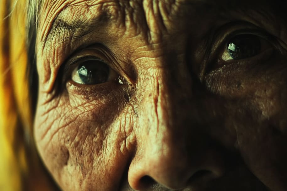 Close-up portrait of an elderly woman with deep wrinkles and reflective eyes, conveying a sense of wisdom, life experience, and resilience, ideal for a must-watch documentary.