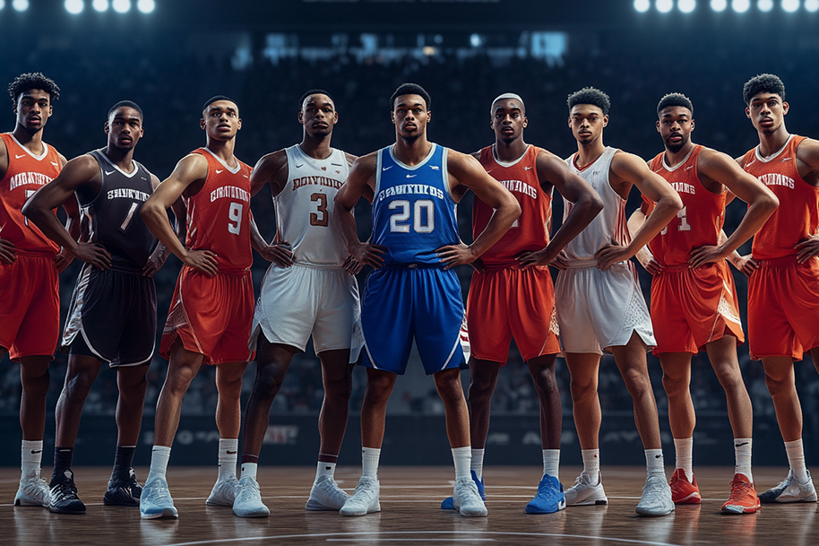 Baylor Bears basketball team standing in formation on the court during an intense March Madness 2025 game, showcasing team spirit and readiness for action.
