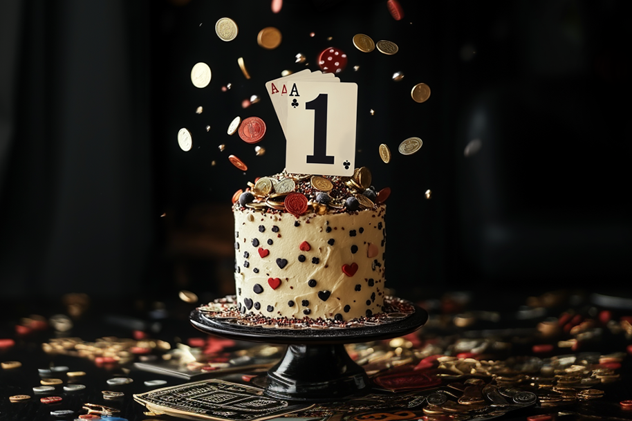 Casino-themed birthday cake topped with playing cards and the number one, surrounded by falling poker chips and gold coins. Celebrating the 1st anniversary of Eternal Slots Casino in style.