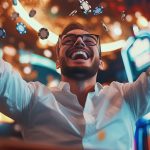 Excited casino player celebrating a massive jackpot win, tossing poker chips in the air with a joyful expression. Enjoy thrilling gameplay, big wins, and instant withdrawals at Eternal Slots Casino.
