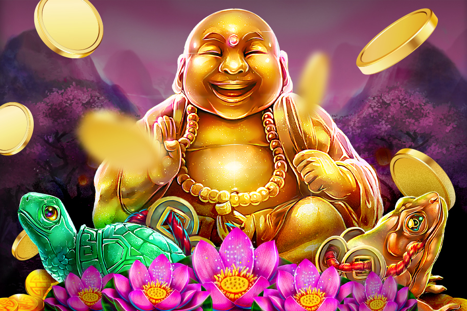 Fortunate Buddha slot game artwork featuring a golden laughing Buddha, lotus flowers, coins, and lucky symbols. Play Fortunate Buddha at Eternal Slots Casino for massive jackpot wins and instant withdrawals.