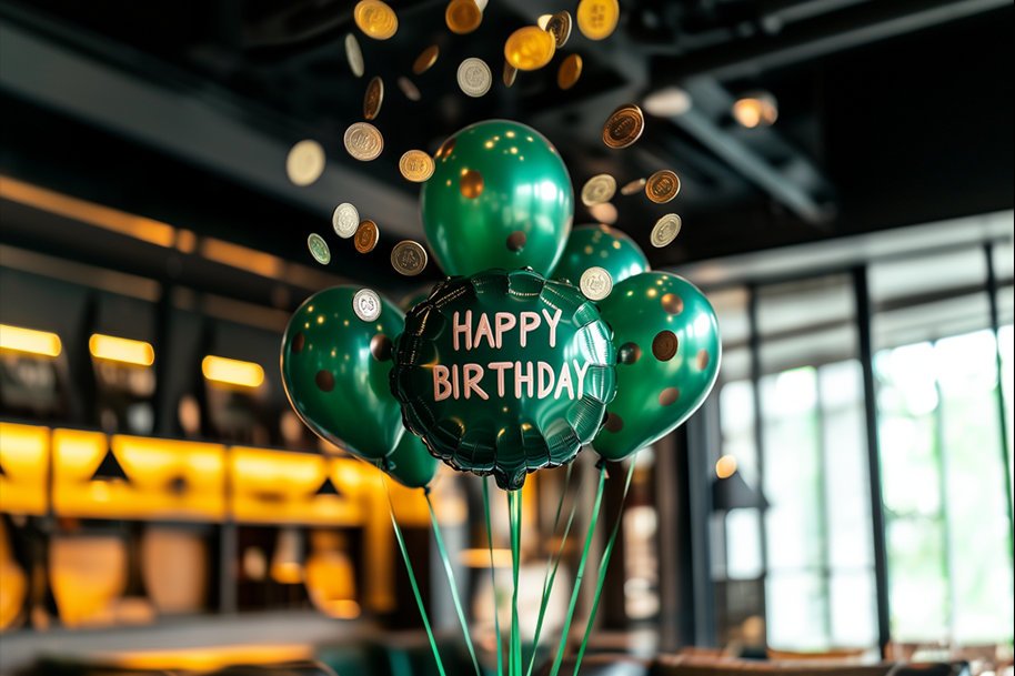 Green 'Happy Birthday' balloons with gold coins falling around, celebrating the 1st anniversary of Eternal Slots Casino in a festive and luxurious setting.