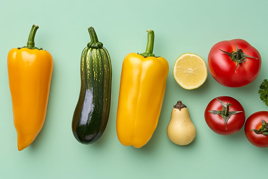 Fresh organic vegetables including yellow bell peppers, zucchini, tomatoes, and lemon, arranged on a green background.
