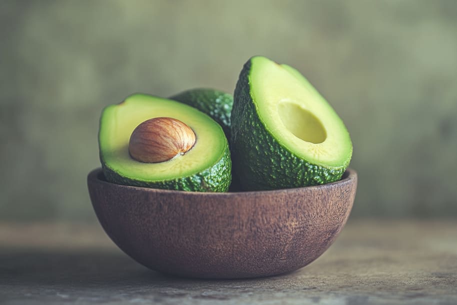 Sliced ripe avocado in a rustic wooden bowl, showcasing the creamy texture and health benefits of this superfood in plant-based diets.