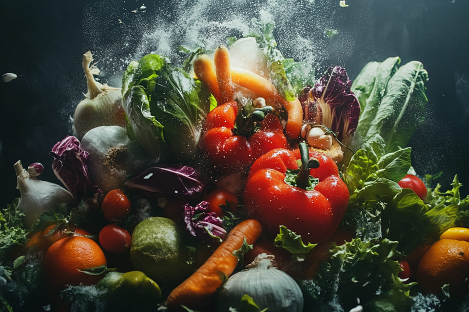 A dynamic explosion of fresh vegetables, including bell peppers, lettuce, carrots, and tomatoes, highlighting the vibrant colors and health benefits of a plant-based lifestyle.