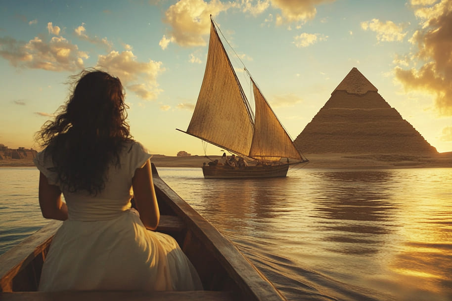 "A serene scene of a person in a boat with a flowing white dress, sailing toward the pyramids of Egypt at sunset, with the warm glow of the sun reflecting on the calm water, evoking a sense of adventure and history. The golden light illuminates the pyramids in the distance, creating an atmosphere of mystery and awe. This must-watch documentary scene transports you to a world where adventure meets the awe-inspiring wonders of ancient Egypt.
