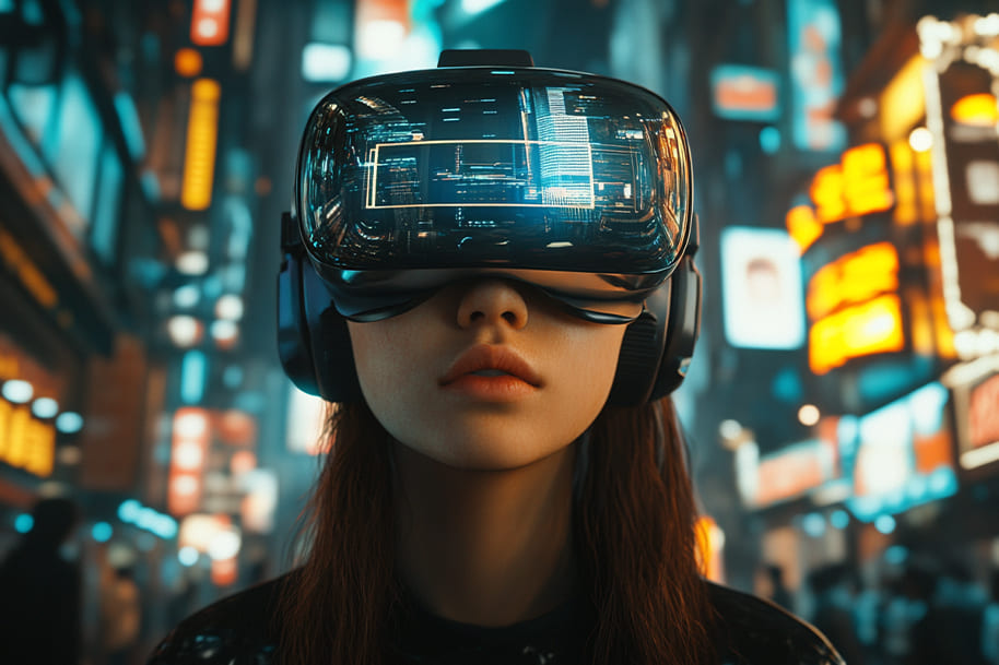 A person wearing a futuristic virtual reality headset in a neon-lit cityscape, immersed in an advanced digital world. The headset displays complex data visuals and interactive elements, showcasing the cutting-edge potential of virtual reality technology in immersive experiences.