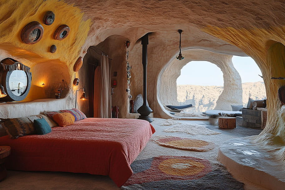 An inside view of a unique hotel room featuring a cave-like design with colorful, textured walls and large windows offering breathtaking views of nature. The cozy, rustic atmosphere is complemented by minimalist furniture, creating a one-of-a-kind, tranquil retreat for guests seeking an unforgettable experience in an unconventional hotel.