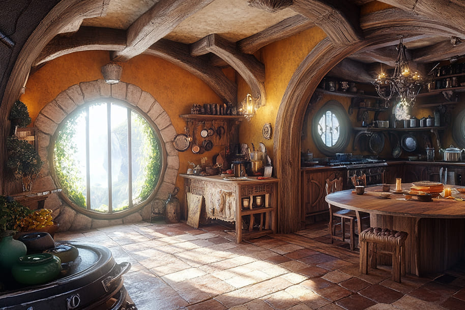 Inside view of a cozy, hobbit-inspired kitchen in a unique hotel, featuring curved wooden beams and rustic, earthy tones. A round window offers a glimpse of lush greenery outside, creating a charming and whimsical atmosphere. The vintage kitchen design with antique crockery and a welcoming dining area makes this space a perfect escape for travelers seeking a fairy-tale experience in an unforgettable, unique hotel.
