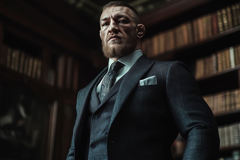 Conor McGregor stands tall in a perfectly tailored suit, exuding confidence and determination in a vintage library setting. With a serious expression and a sharp gaze, this powerful image captures the essence of McGregor’s mindset as he prepares for his highly anticipated comeback. Conor McGregor's comeback is not just about physical strength but also about his sharp focus and unwavering self-belief, ready to reclaim his title in the UFC.