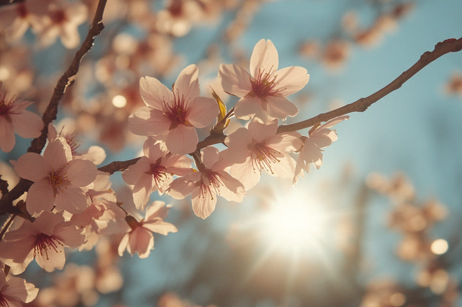Cherry blossoms blooming in the sunlight, symbolizing the arrival of Spring Equinox 2025. As spring ushers in new beginnings, the beauty of nature comes alive with vibrant colors and fresh growth. This serene image captures the essence of renewal and balance that marks the Spring Equinox, a moment when day and night are equal, signaling the start of a new season of life and growth.