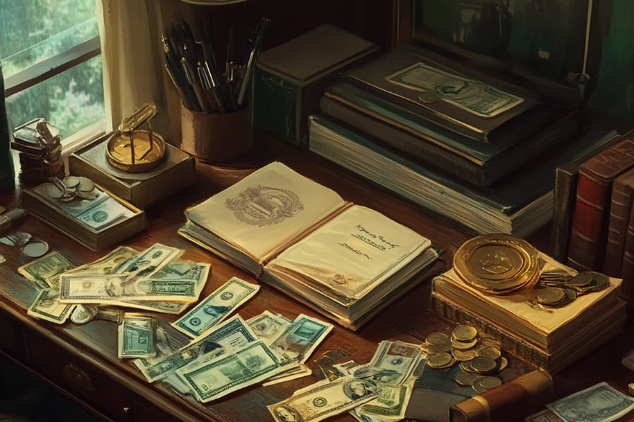 Learn how to grow your portfolio – A desk filled with cash, coins, and books, symbolizing financial growth and smart investment strategies. Start building your portfolio today with the right knowledge and resources.