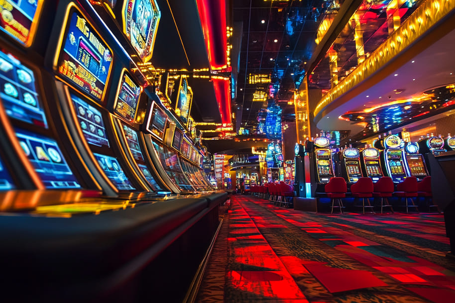 Bright and colorful casino floor filled with slot machines and neon lights, capturing the excitement of online casino tournaments and big wins at Eternal Slots Casino.