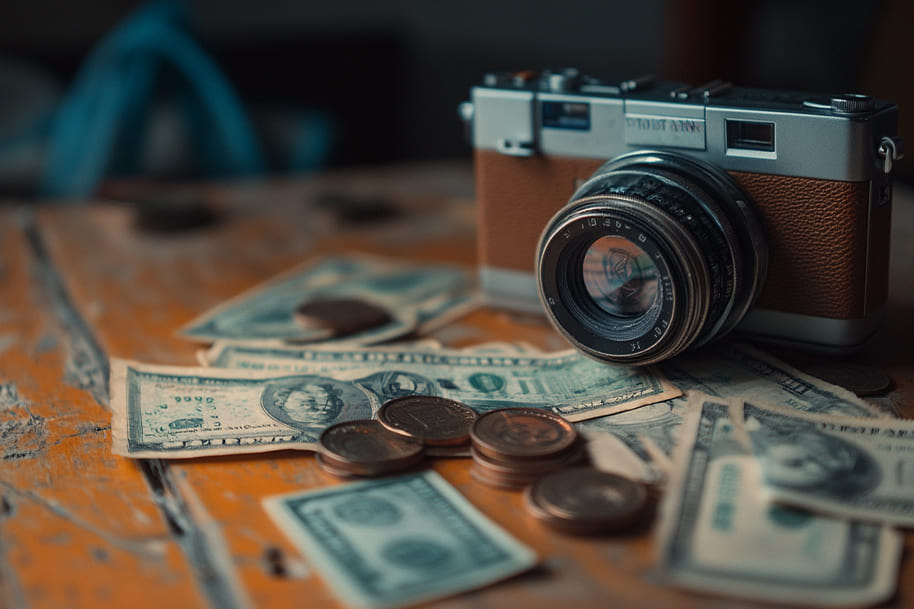 Start investing with little money – A vintage camera placed over a spread of dollar bills and coins symbolizes capturing opportunities to invest. Learn how to begin your investment journey with minimal capital and explore the potential for growth.