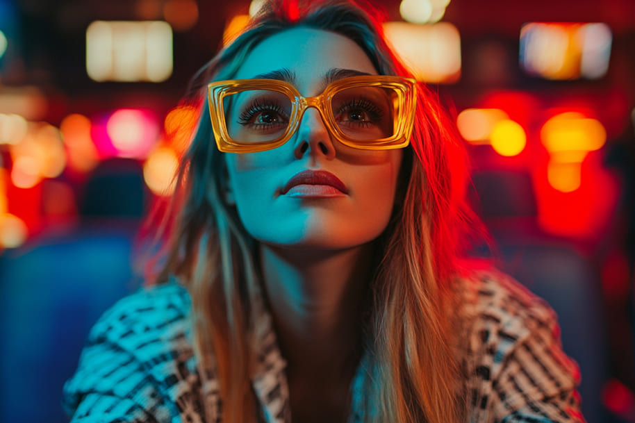 Stylish woman with bold glasses in a neon-lit casino setting, evoking the cinematic aesthetic of Anora. Discover how Anora became an award-winning indie film on the Eternal Slots Casino blog.