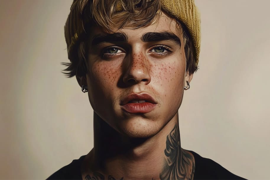 Close-up portrait of a young man with a yellow beanie, showcasing a calm yet intense expression. This portrayal emphasizes the vulnerability behind the fame, adding depth to the narrative of struggles.