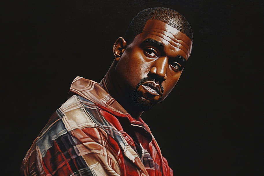 Portrait of Kanye West, a controversial figure in the music and fashion industries, known for his chaotic celebrity moments. His intense expression and bold fashion choice reflect the public's fascination with his personal and professional life, often filled with unpredictable moments that spark media attention. Kanye's reputation for making bold statements and creating buzz is captured in this powerful image.