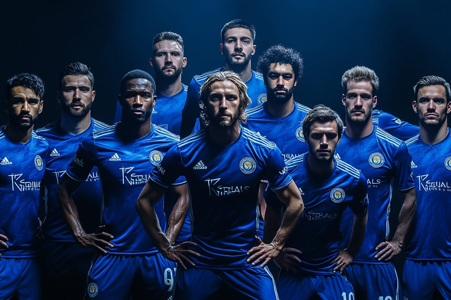 The Leicester City football team in blue jerseys, standing together in a dramatic light, representing team spirit and the passion of professional soccer.